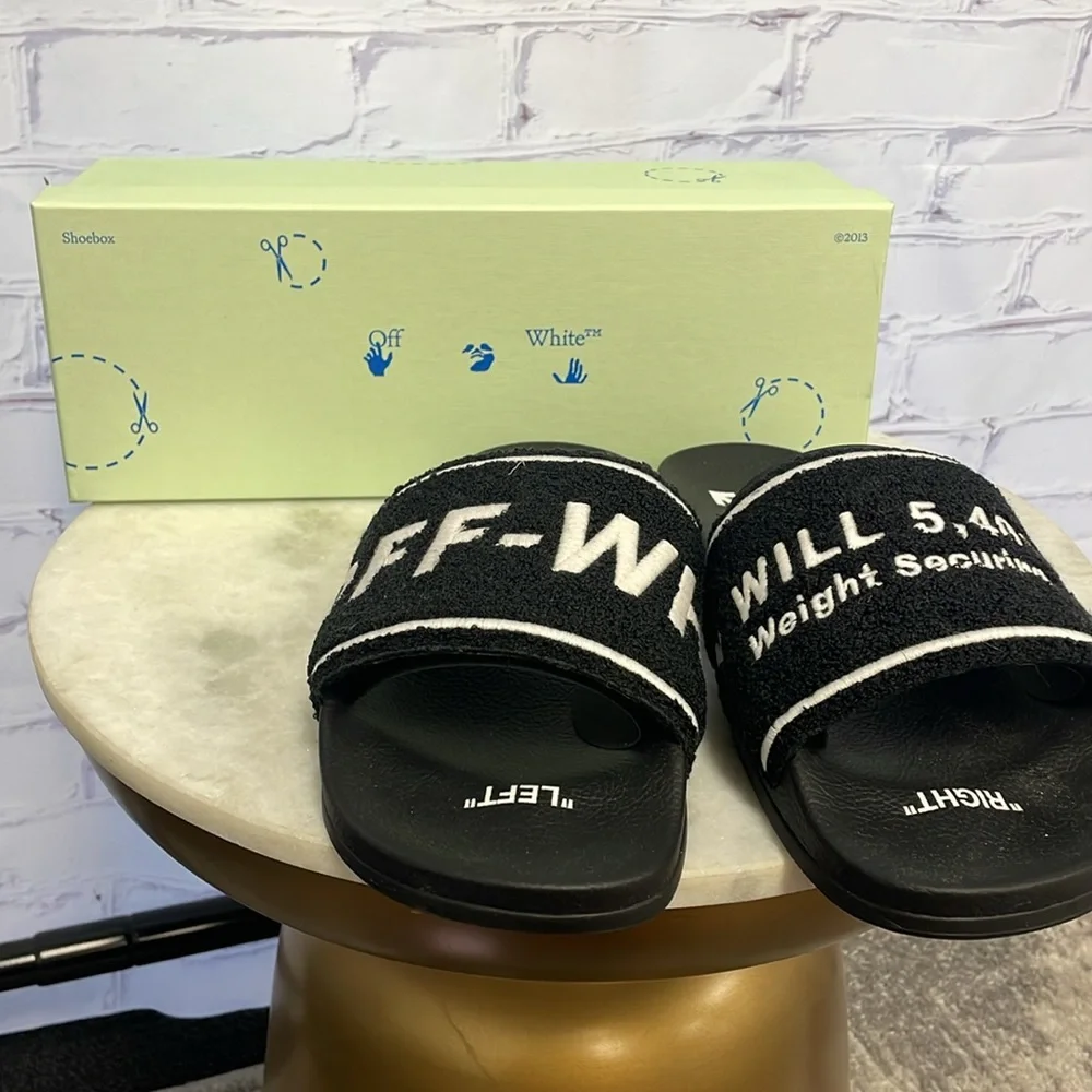 Off-White Black & White Terry textured Logo Slide Sandals